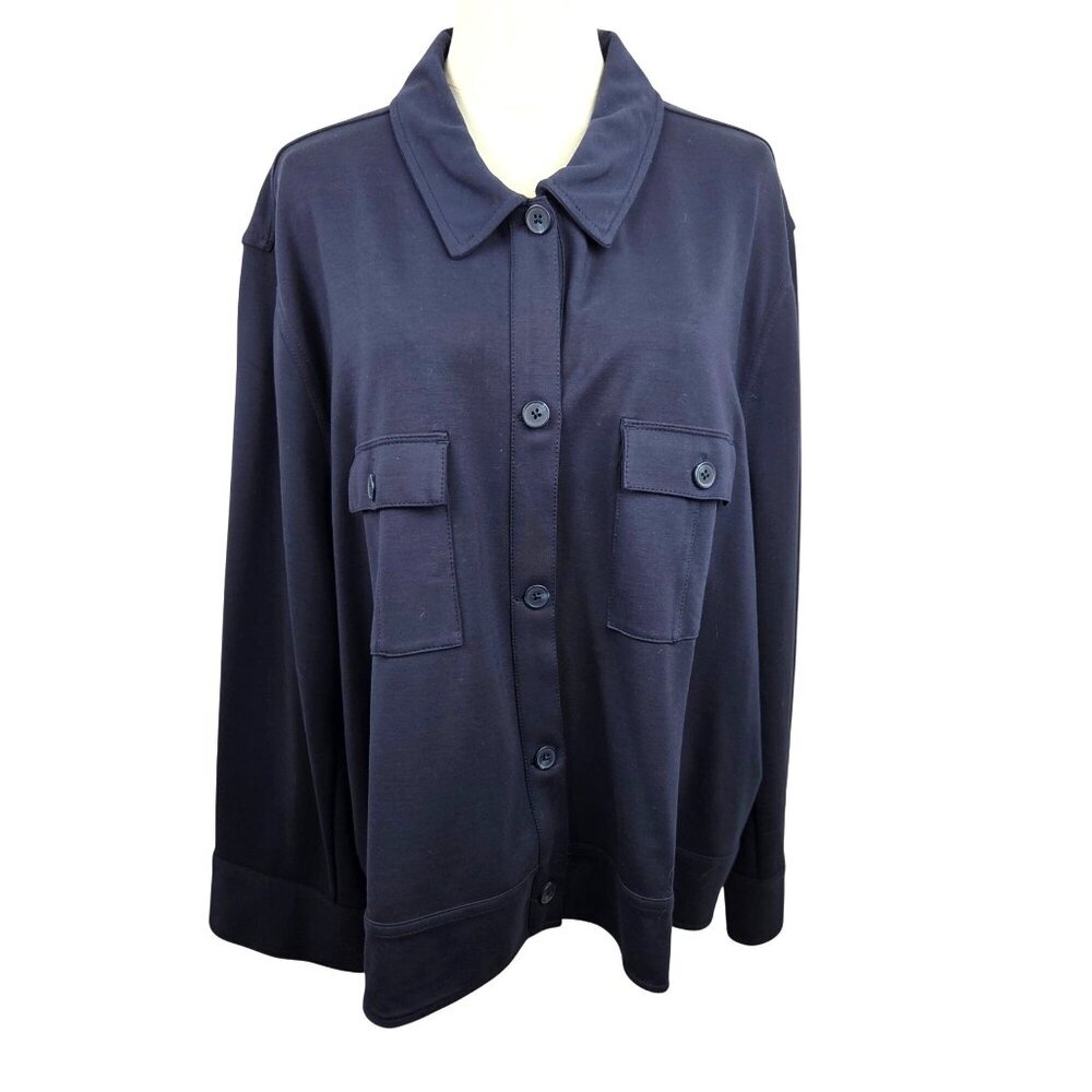 J. Jill‎ Wearever Collection Jacket 4X Double Face Jersey Knit Flap Pocket Navy